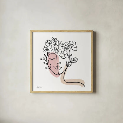 Face of Spring II by Farida Zaman. Shown in a natural wood glass frame for a timeless modern aesthetic. Available as an archival giclee rolled canvas, fine art paper, or poster print. SKU 64607a.
