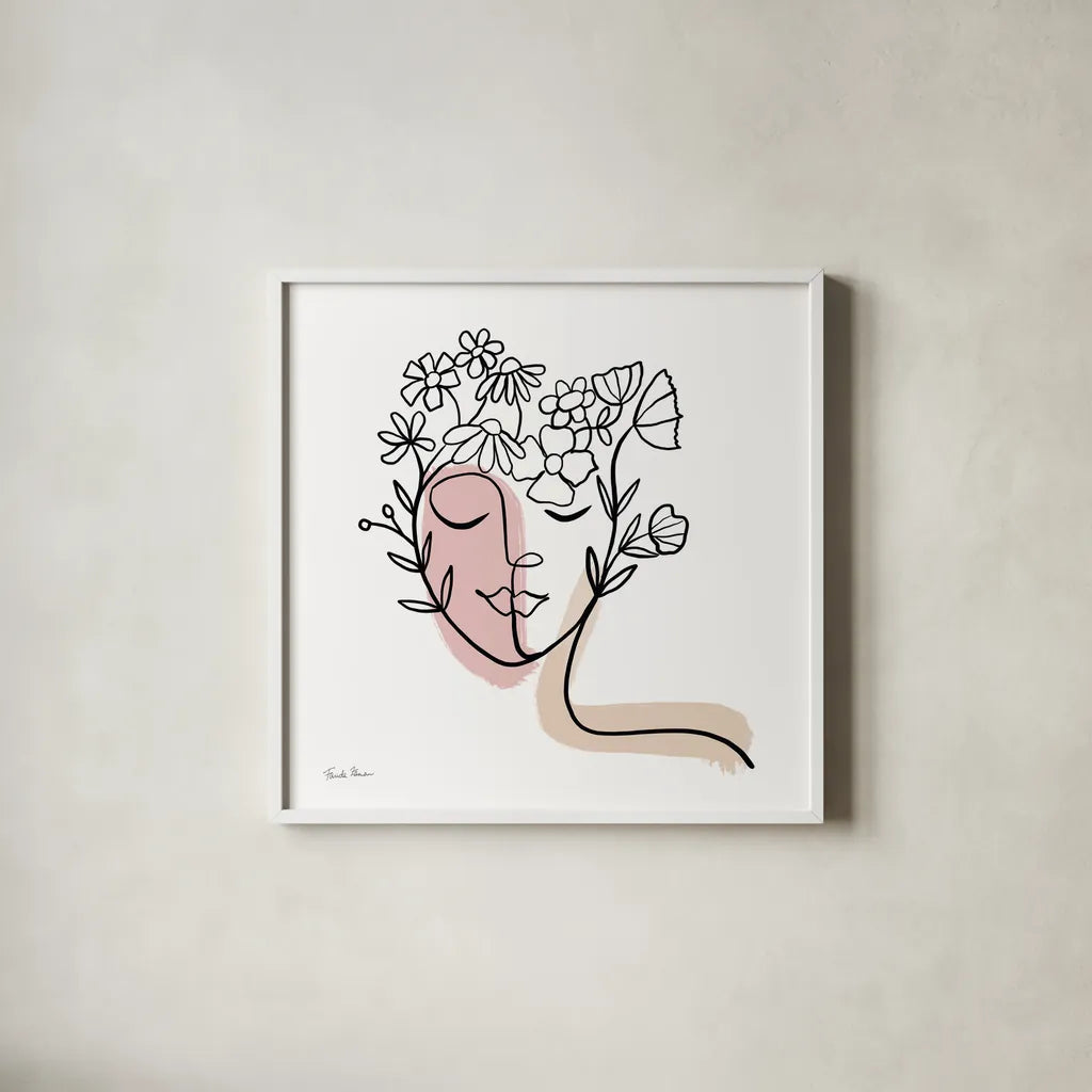 Face of Spring II by Farida Zaman. Shown in a crisp white glass frame for a clean and minimalist style. Available as an archival giclee rolled canvas, fine art paper, or poster print. SKU 64607a.