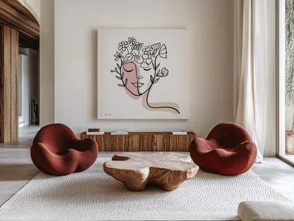 Face of Spring II by Farida Zaman. Shown as extra-large giant wall art in a modern living room. Available as an archival giclee rolled canvas, fine art paper, or poster print. SKU 64607a.