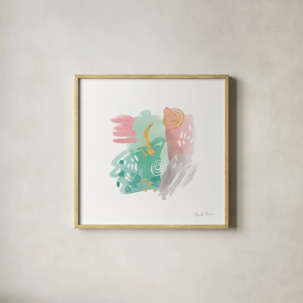 Faridas Abstract I by Farida Zaman. Shown in a natural wood glass frame for a timeless modern aesthetic. Available as an archival giclee rolled canvas, fine art paper, or poster print. SKU 48741a.
