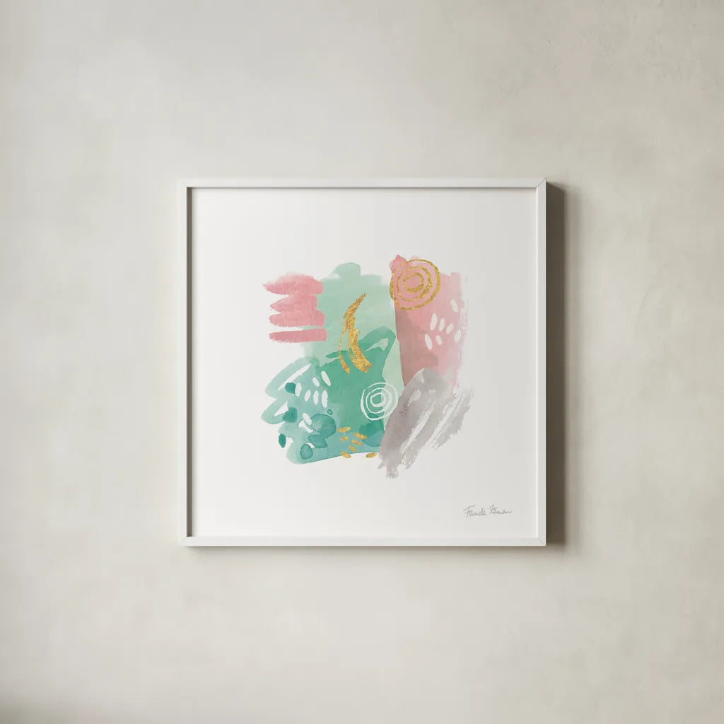 Faridas Abstract I by Farida Zaman. Shown in a crisp white glass frame for a clean and minimalist style. Available as an archival giclee rolled canvas, fine art paper, or poster print. SKU 48741a.