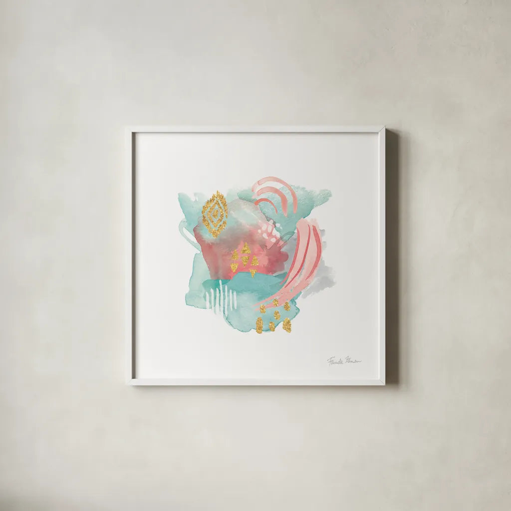 Faridas Abstract IV by Farida Zaman. Shown in a crisp white glass frame for a clean and minimalist style. Available as an archival giclee rolled canvas, fine art paper, or poster print. SKU 48744a.