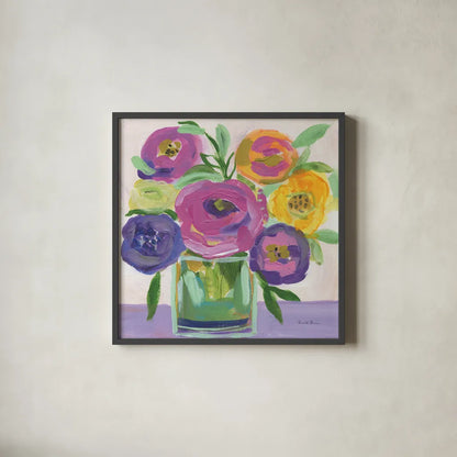 Faridas Bouquet by Farida Zaman. Shown in a sleek black glass frame for a contemporary gallery look. Available as an archival giclee rolled canvas, fine art paper, or poster print. SKU 96318a.
