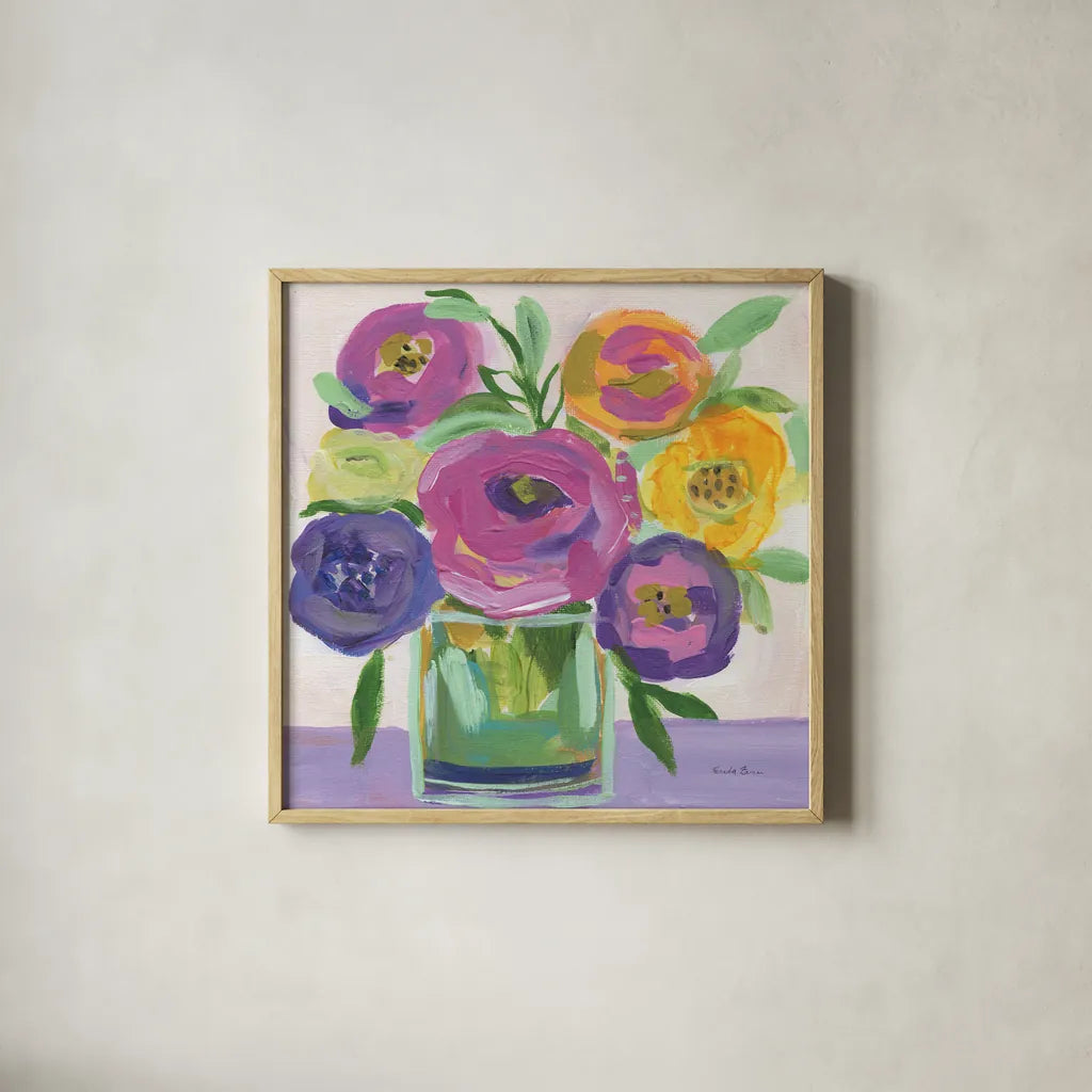 Faridas Bouquet by Farida Zaman. Shown in a natural wood glass frame for a timeless modern aesthetic. Available as an archival giclee rolled canvas, fine art paper, or poster print. SKU 96318a.