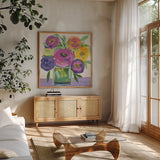 Faridas Bouquet by Farida Zaman. Shown in a natural wood frame in a cozy modern living room. Available as an archival giclee rolled canvas, fine art paper, or poster print. SKU 96318a.