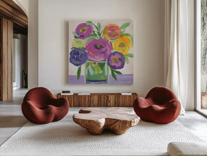 Faridas Bouquet by Farida Zaman. Shown as extra-large giant wall art in a modern living room. Available as an archival giclee rolled canvas, fine art paper, or poster print. SKU 96318a.