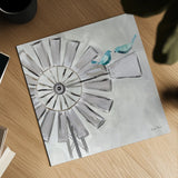 Farmhouse Windmill with Birds by Farida Zaman. Shown as a detailed flat fine art print, highlighting archival giclee quality. Available as an archival giclee rolled canvas, fine art paper, or poster print. SKU 73869a.