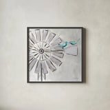 Farmhouse Windmill with Birds by Farida Zaman. Shown in a sleek black glass frame for a contemporary gallery look. Available as an archival giclee rolled canvas, fine art paper, or poster print. SKU 73869a.