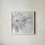 Farmhouse Windmill with Birds by Farida Zaman. Shown in a crisp white glass frame for a clean and minimalist style. Available as an archival giclee rolled canvas, fine art paper, or poster print. SKU 73869a.