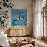 Feeling Blue by Farida Zaman. Shown in a natural wood frame in a cozy modern living room. Available as an archival giclee rolled canvas, fine art paper, or poster print. SKU 46820a.