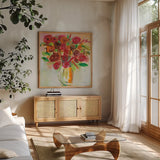 Feeling Bold by Farida Zaman. Shown in a natural wood frame in a cozy modern living room. Available as an archival giclee rolled canvas, fine art paper, or poster print. SKU 38706a.