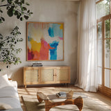 Feeling Zen by Farida Zaman. Shown in a natural wood frame in a cozy modern living room. Available as an archival giclee rolled canvas, fine art paper, or poster print. SKU 38692a.