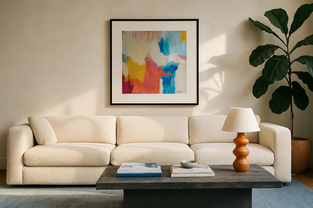 Feeling Zen by Farida Zaman. Displayed in a glass frame with matte in a clean modern living room. Available as an archival giclee rolled canvas, fine art paper, or poster print. SKU 38692a.