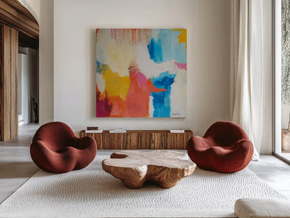 Feeling Zen by Farida Zaman. Shown as extra-large giant wall art in a modern living room. Available as an archival giclee rolled canvas, fine art paper, or poster print. SKU 38692a.