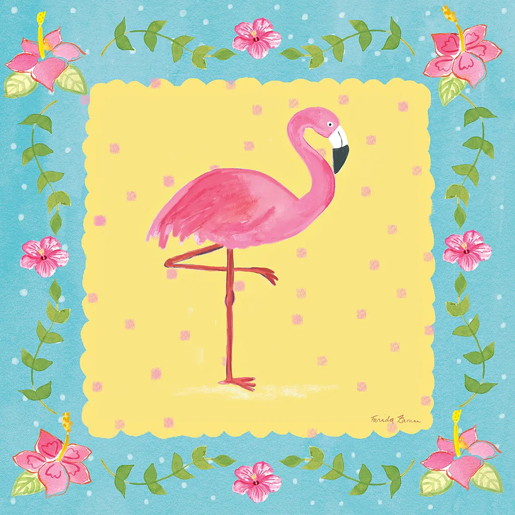 Flamingo Dance I Sq Border by Farida Zaman. SKU 33749a. Archival Giclee Fine art print for wall decor.