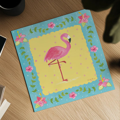 Flamingo Dance I Sq Border by Farida Zaman. Shown as a detailed flat fine art print, highlighting archival giclee quality. Available as an archival giclee rolled canvas, fine art paper, or poster print. SKU 33749a.