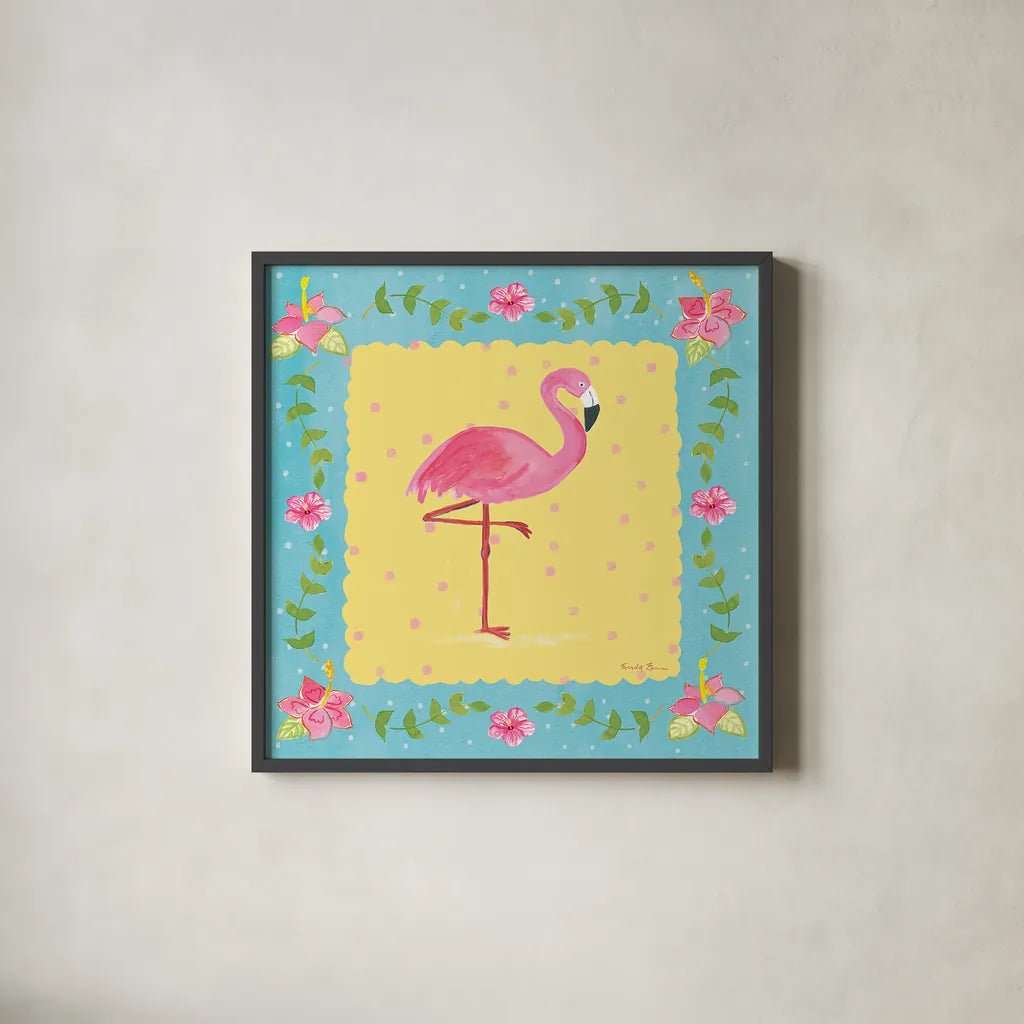 Flamingo Dance I Sq Border by Farida Zaman. Shown in a sleek black glass frame for a contemporary gallery look. Available as an archival giclee rolled canvas, fine art paper, or poster print. SKU 33749a.