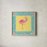 Flamingo Dance I Sq Border by Farida Zaman. Shown in a natural wood glass frame for a timeless modern aesthetic. Available as an archival giclee rolled canvas, fine art paper, or poster print. SKU 33749a.
