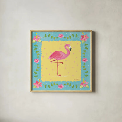Flamingo Dance I Sq Border by Farida Zaman. Shown in a natural wood glass frame for a timeless modern aesthetic. Available as an archival giclee rolled canvas, fine art paper, or poster print. SKU 33749a.