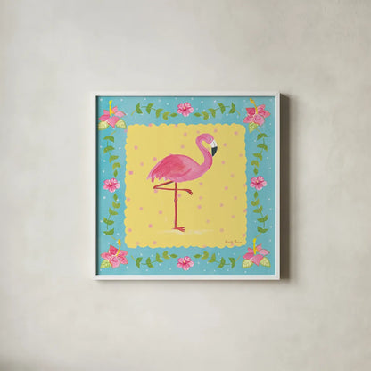 Flamingo Dance I Sq Border by Farida Zaman. Shown in a crisp white glass frame for a clean and minimalist style. Available as an archival giclee rolled canvas, fine art paper, or poster print. SKU 33749a.