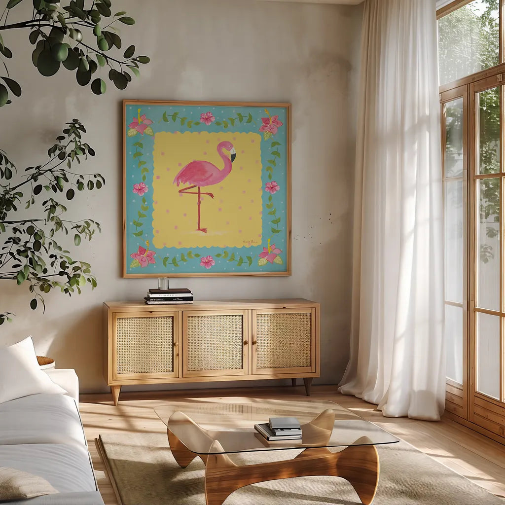 Flamingo Dance I Sq Border by Farida Zaman. Shown in a natural wood frame in a cozy modern living room. Available as an archival giclee rolled canvas, fine art paper, or poster print. SKU 33749a.