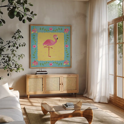 Flamingo Dance I Sq Border by Farida Zaman. Shown in a natural wood frame in a cozy modern living room. Available as an archival giclee rolled canvas, fine art paper, or poster print. SKU 33749a.