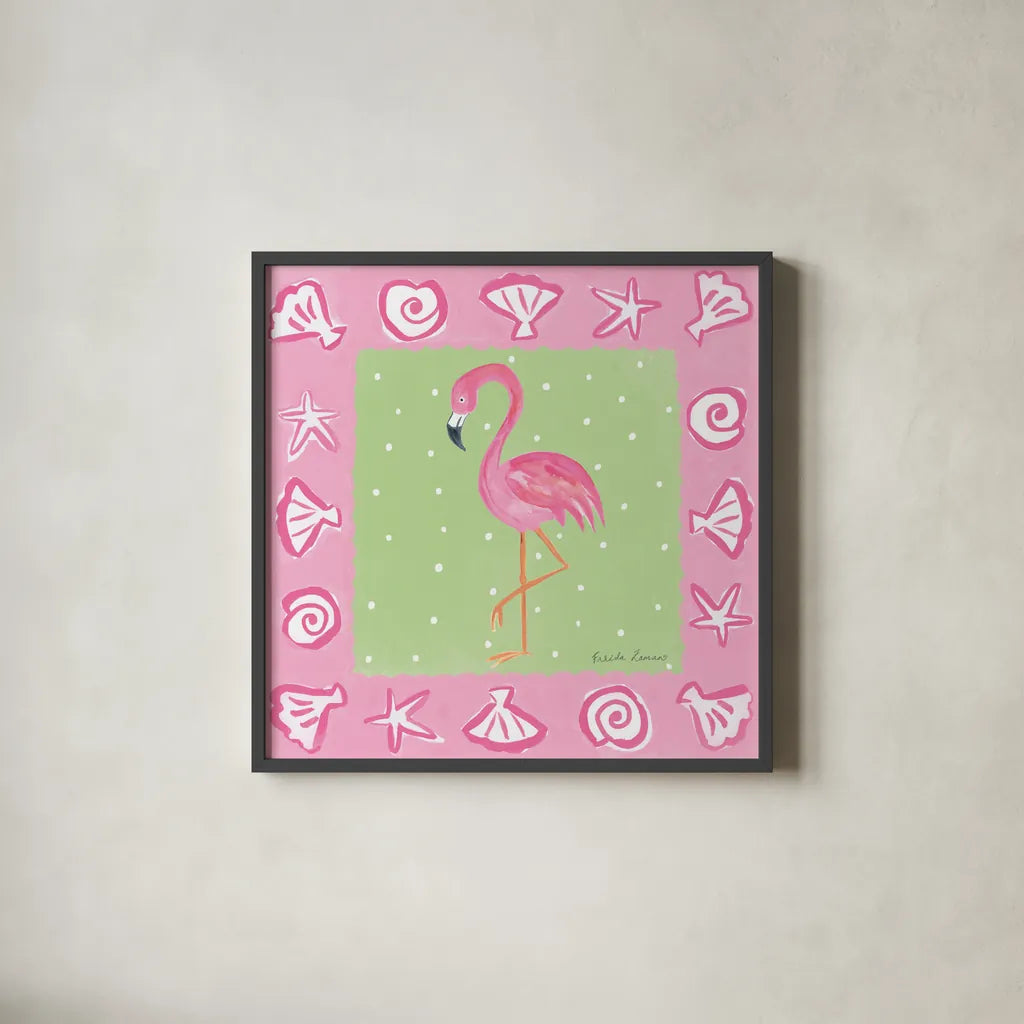 Flamingo Dance II by Farida Zaman. Shown in a sleek black glass frame for a contemporary gallery look. Available as an archival giclee rolled canvas, fine art paper, or poster print. SKU 33097a.