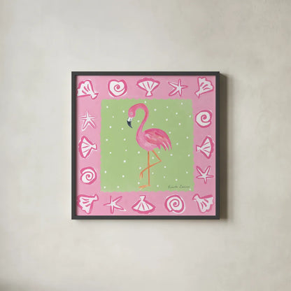 Flamingo Dance II by Farida Zaman. Shown in a sleek black glass frame for a contemporary gallery look. Available as an archival giclee rolled canvas, fine art paper, or poster print. SKU 33097a.