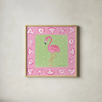 Flamingo Dance II by Farida Zaman. Shown in a natural wood glass frame for a timeless modern aesthetic. Available as an archival giclee rolled canvas, fine art paper, or poster print. SKU 33097a.