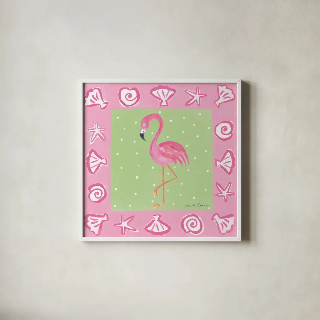 Flamingo Dance II by Farida Zaman. Shown in a crisp white glass frame for a clean and minimalist style. Available as an archival giclee rolled canvas, fine art paper, or poster print. SKU 33097a.