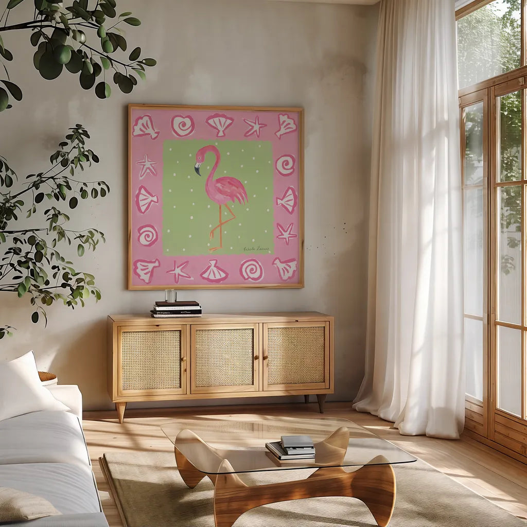 Flamingo Dance II by Farida Zaman. Shown in a natural wood frame in a cozy modern living room. Available as an archival giclee rolled canvas, fine art paper, or poster print. SKU 33097a.