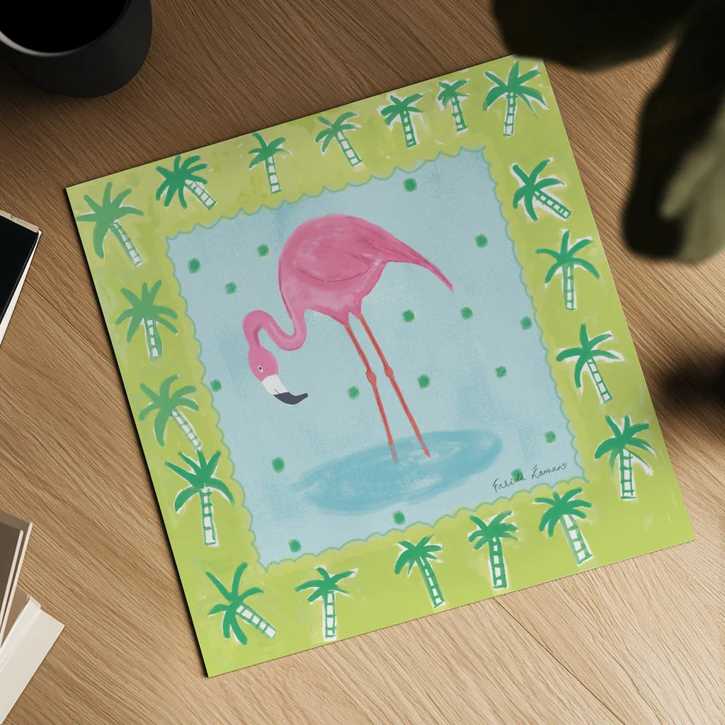 Flamingo Dance III by Farida Zaman. Shown as a detailed flat fine art print, highlighting archival giclee quality. Available as an archival giclee rolled canvas, fine art paper, or poster print. SKU 33098a.