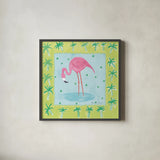 Flamingo Dance III by Farida Zaman. Shown in a sleek black glass frame for a contemporary gallery look. Available as an archival giclee rolled canvas, fine art paper, or poster print. SKU 33098a.