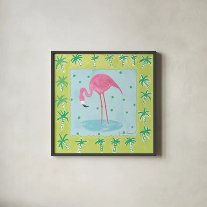 Flamingo Dance III by Farida Zaman. Shown in a sleek black glass frame for a contemporary gallery look. Available as an archival giclee rolled canvas, fine art paper, or poster print. SKU 33098a.