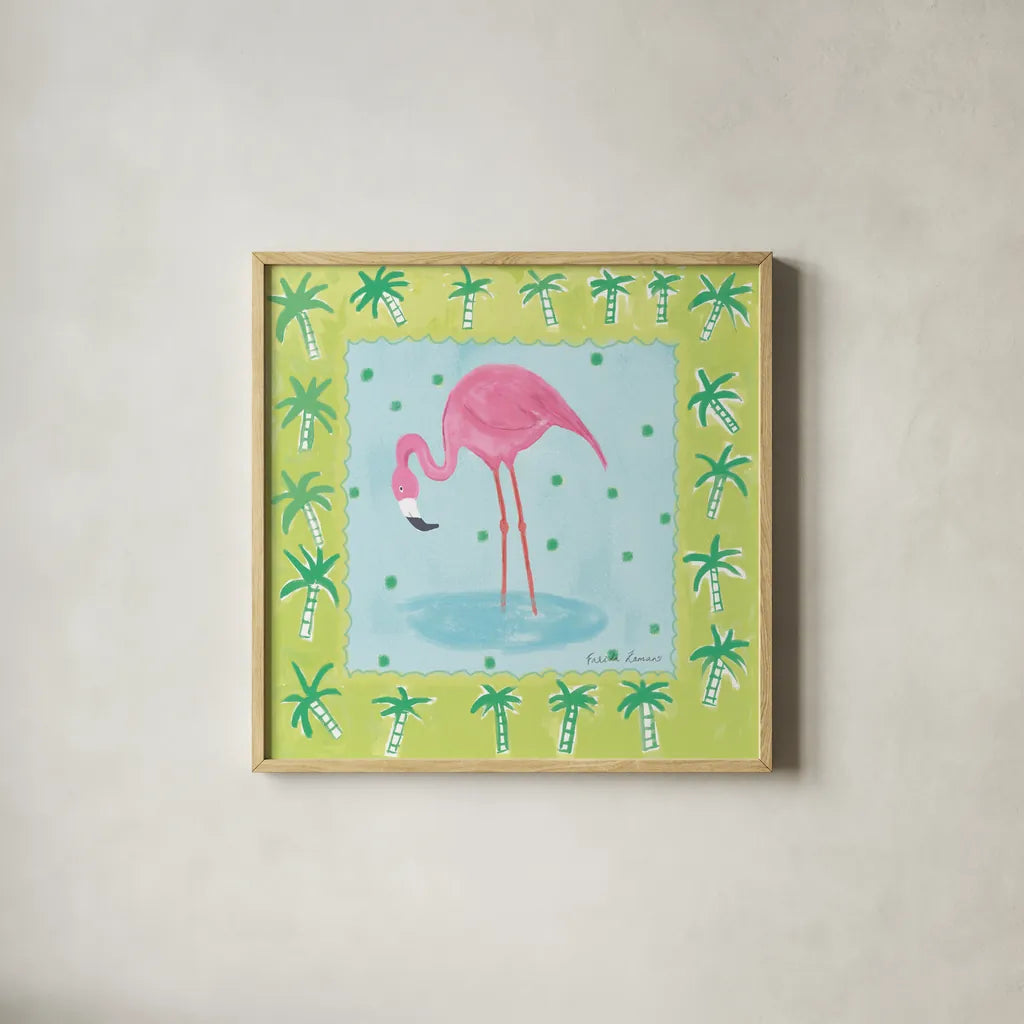 Flamingo Dance III by Farida Zaman. Shown in a natural wood glass frame for a timeless modern aesthetic. Available as an archival giclee rolled canvas, fine art paper, or poster print. SKU 33098a.