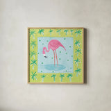 Flamingo Dance III by Farida Zaman. Shown in a natural wood glass frame for a timeless modern aesthetic. Available as an archival giclee rolled canvas, fine art paper, or poster print. SKU 33098a.