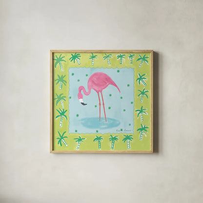 Flamingo Dance III by Farida Zaman. Shown in a natural wood glass frame for a timeless modern aesthetic. Available as an archival giclee rolled canvas, fine art paper, or poster print. SKU 33098a.