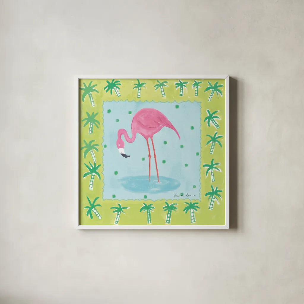 Flamingo Dance III by Farida Zaman. Shown in a crisp white glass frame for a clean and minimalist style. Available as an archival giclee rolled canvas, fine art paper, or poster print. SKU 33098a.