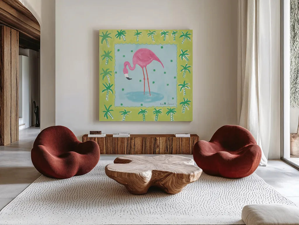 Flamingo Dance III by Farida Zaman. Shown as extra-large giant wall art in a modern living room. Available as an archival giclee rolled canvas, fine art paper, or poster print. SKU 33098a.