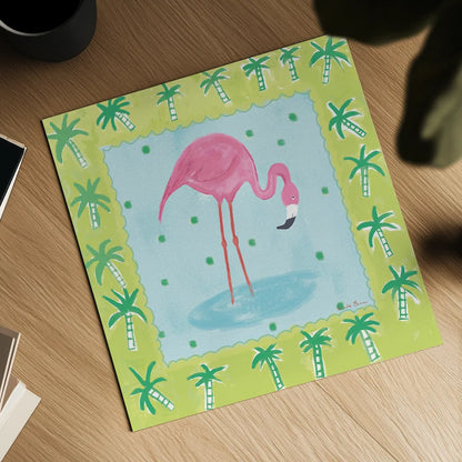 Flamingo Dance III v2 by Farida Zaman. Shown as a detailed flat fine art print, highlighting archival giclee quality. Available as an archival giclee rolled canvas, fine art paper, or poster print. SKU 34041a.