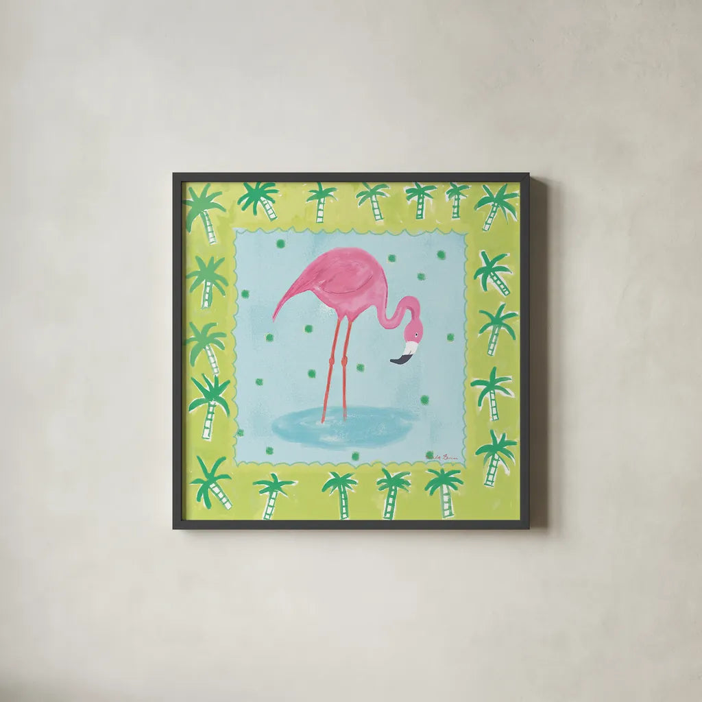 Flamingo Dance III v2 by Farida Zaman. Shown in a sleek black glass frame for a contemporary gallery look. Available as an archival giclee rolled canvas, fine art paper, or poster print. SKU 34041a.