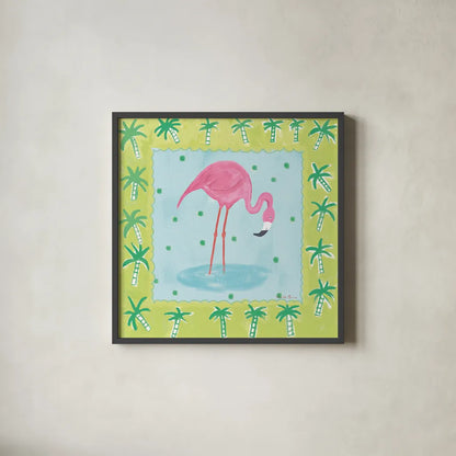 Flamingo Dance III v2 by Farida Zaman. Shown in a sleek black glass frame for a contemporary gallery look. Available as an archival giclee rolled canvas, fine art paper, or poster print. SKU 34041a.