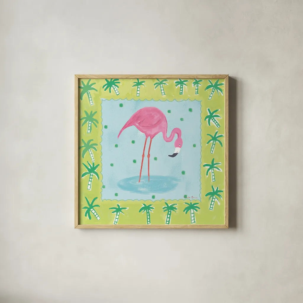 Flamingo Dance III v2 by Farida Zaman. Shown in a natural wood glass frame for a timeless modern aesthetic. Available as an archival giclee rolled canvas, fine art paper, or poster print. SKU 34041a.