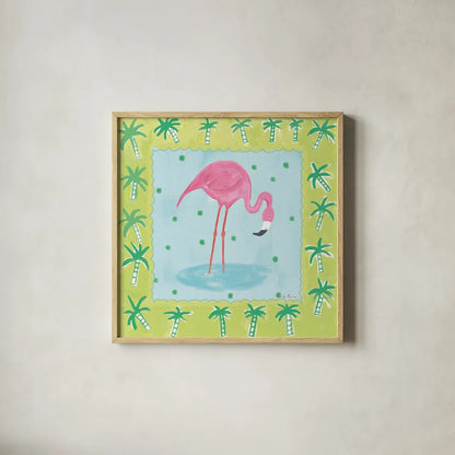 Flamingo Dance III v2 by Farida Zaman. Shown in a natural wood glass frame for a timeless modern aesthetic. Available as an archival giclee rolled canvas, fine art paper, or poster print. SKU 34041a.
