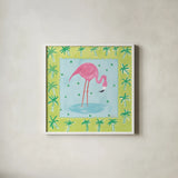 Flamingo Dance III v2 by Farida Zaman. Shown in a crisp white glass frame for a clean and minimalist style. Available as an archival giclee rolled canvas, fine art paper, or poster print. SKU 34041a.