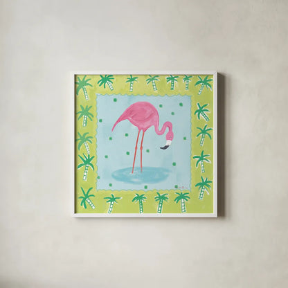 Flamingo Dance III v2 by Farida Zaman. Shown in a crisp white glass frame for a clean and minimalist style. Available as an archival giclee rolled canvas, fine art paper, or poster print. SKU 34041a.