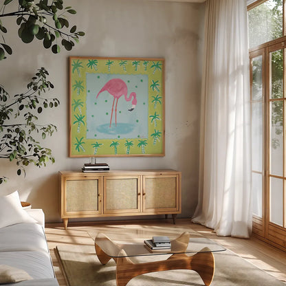 Flamingo Dance III v2 by Farida Zaman. Shown in a natural wood frame in a cozy modern living room. Available as an archival giclee rolled canvas, fine art paper, or poster print. SKU 34041a.