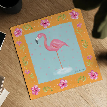 Flamingo Dance IV by Farida Zaman. Shown as a detailed flat fine art print, highlighting archival giclee quality. Available as an archival giclee rolled canvas, fine art paper, or poster print. SKU 33099a.
