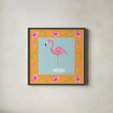 Flamingo Dance IV by Farida Zaman. Shown in a sleek black glass frame for a contemporary gallery look. Available as an archival giclee rolled canvas, fine art paper, or poster print. SKU 33099a.