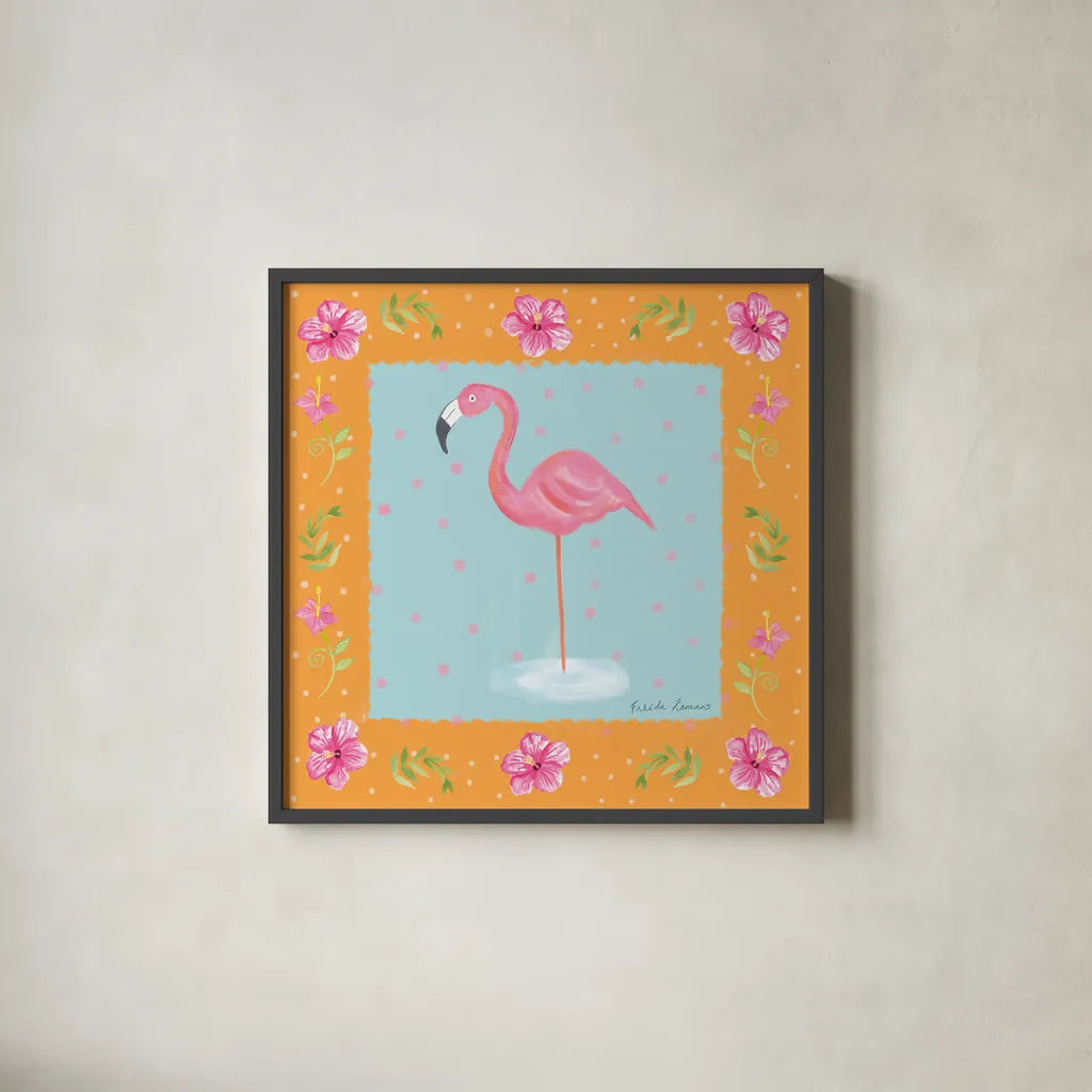 Flamingo Dance IV by Farida Zaman. Shown in a sleek black glass frame for a contemporary gallery look. Available as an archival giclee rolled canvas, fine art paper, or poster print. SKU 33099a.
